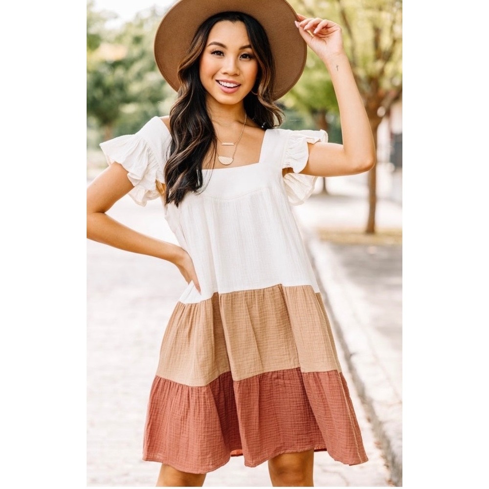 Entro Women Babydoll Cotton Gauze colorblock Pockets Tiered Mini Dress S Cottage